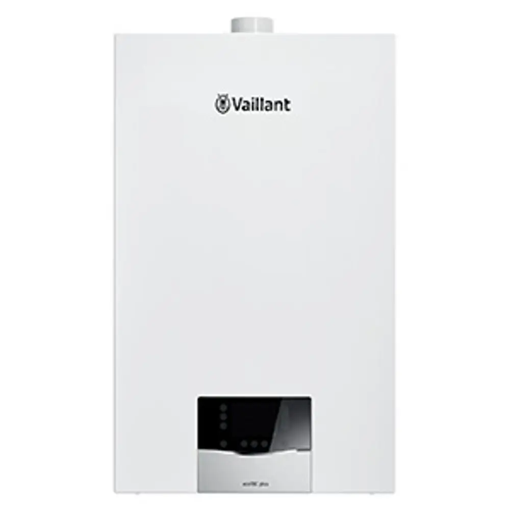 Vaillant Heizgerät in weißer Bauweise mit digitalem Display an der Unterseite, gestaltet für die Wandmontage.